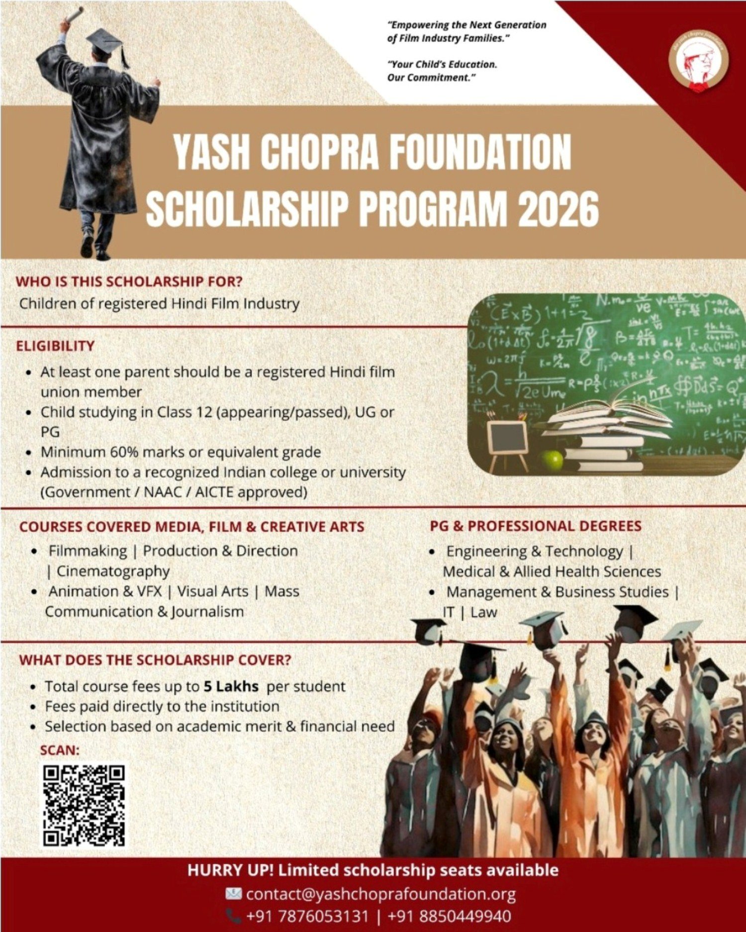 यश चोपड़ा फाउंडेशन ने हिंदी फिल्म इंडस्ट्री के कर्मचारियों के बच्चों के लिए YCF स्कॉलरशिप प्रोग्राम 2026 की घोषणा की